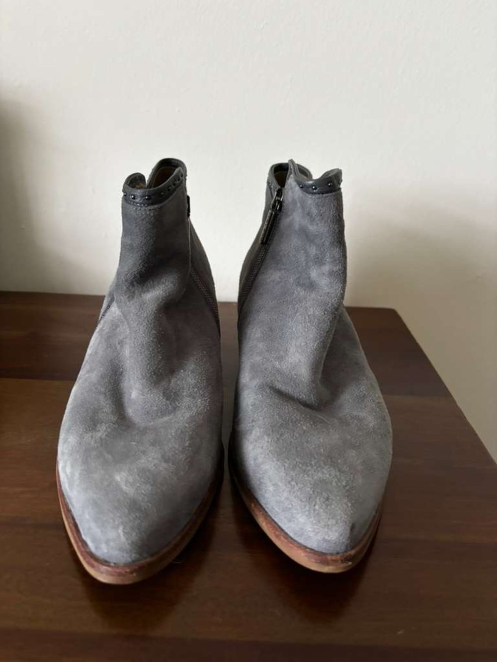 Italeau Gray Suede Side-Zip Ankle Booties with Stud Trim